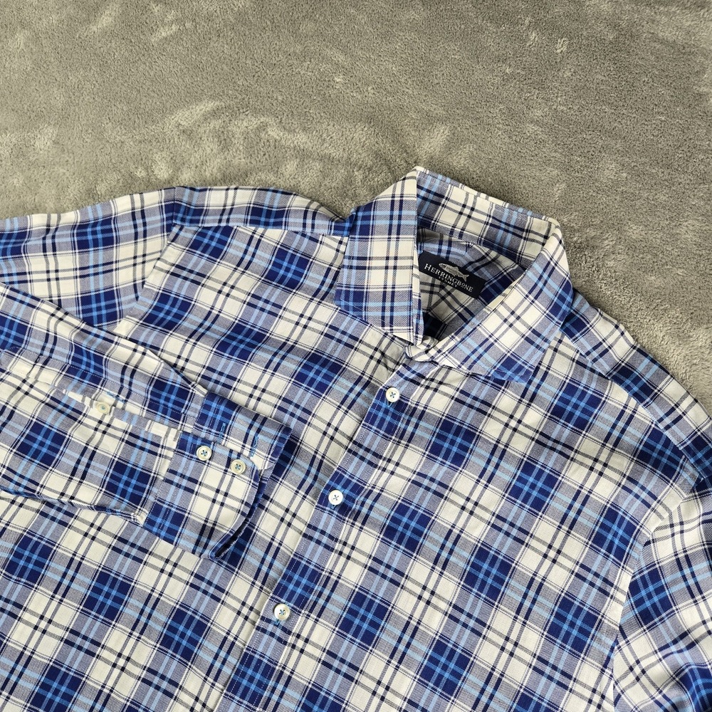Herringbone Sydney Shirt Mens 43/17 Blue‎ White Plaid Long Sleeve Preppy Smart